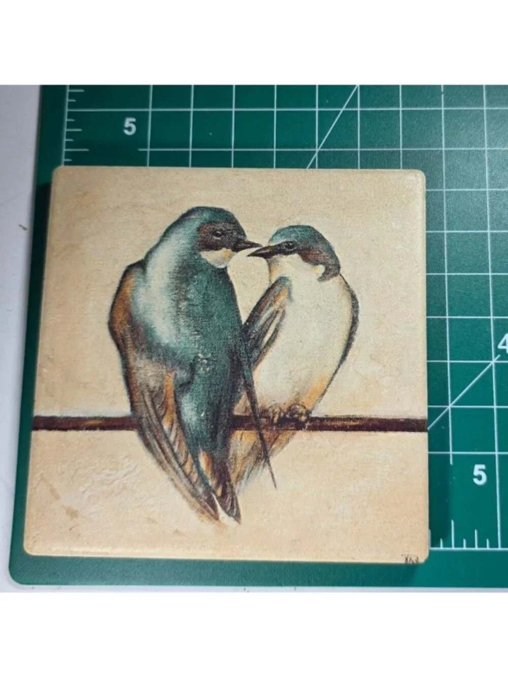Set Of 3 Square Ceramic Bird Coasters Cork Backing  Blue White Love Bird